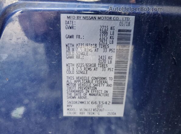 5N1DR2MM1JC663542 2018 NISSAN PATHFINDER Синий 