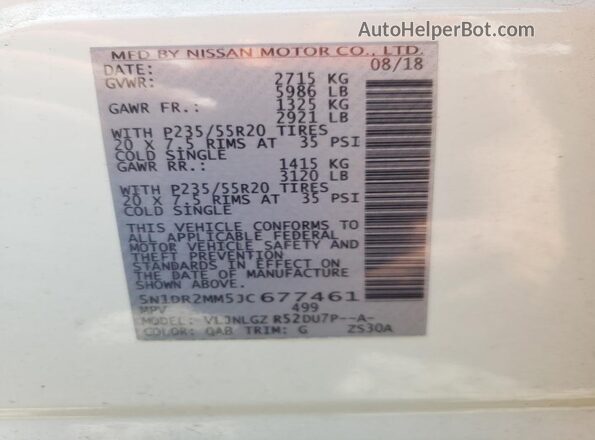 5N1DR2MM5JC677461 2018 NISSAN PATHFINDER White 
