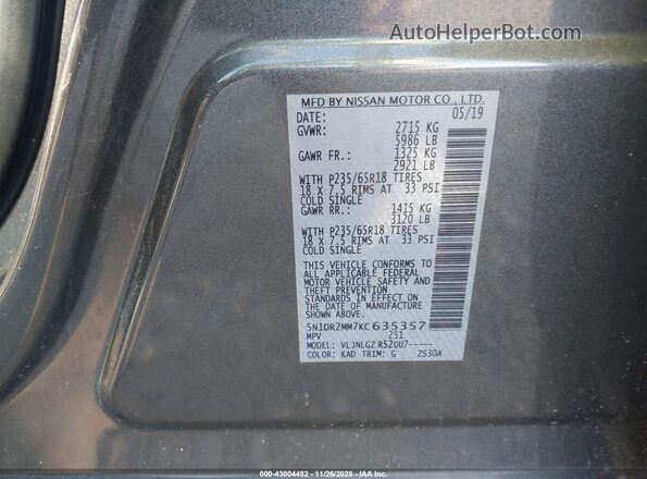 5N1DR2MM7KC635357 2019 NISSAN PATHFINDER Gray Engine compartment view