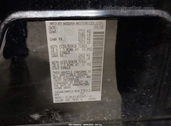 5N1DR2MM9JC663921 2018 NISSAN PATHFINDER Black 