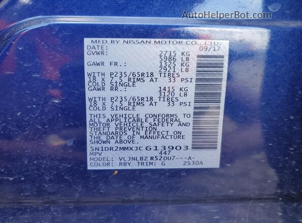 5N1DR2MMXJC613903 2018 NISSAN PATHFINDER Blue 