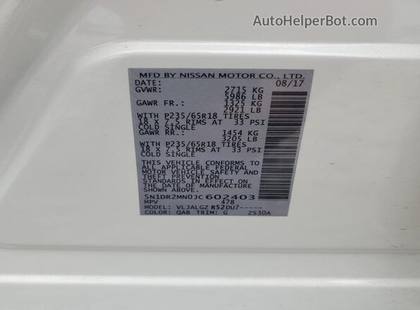 5N1DR2MN0JC602403 2018 NISSAN PATHFINDER White 