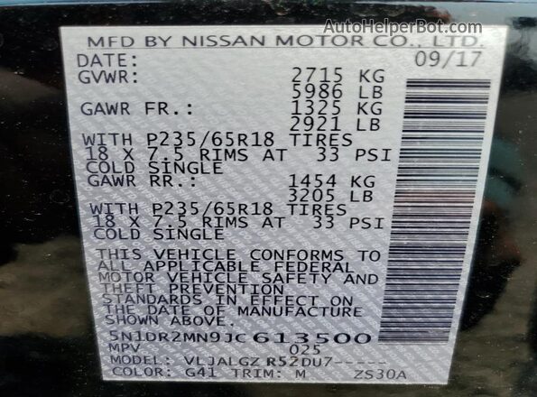 5N1DR2MN9JC613500 2018 NISSAN PATHFINDER Черный 