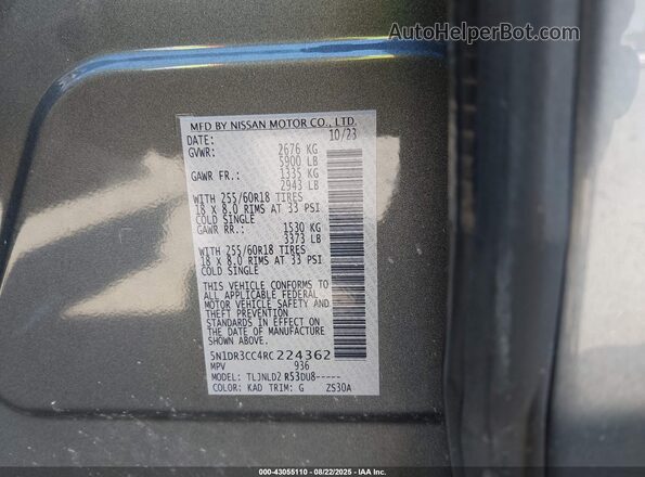 5N1DR3CC4RC224362 2024 NISSAN PATHFINDER Gray 