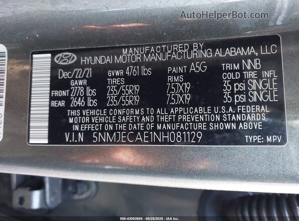 5NMJECAE1NH081129 2022 HYUNDAI TUCSON Gray Вид підкапотного простору