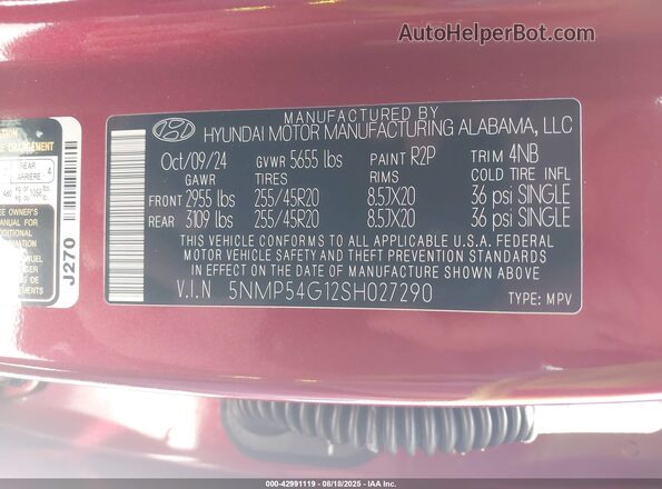 5NMP54G12SH027290 2025 HYUNDAI SANTA FE Red Вид підкапотного простору