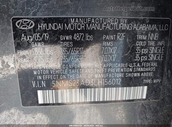 5NMS23AD3LH156012 2020 HYUNDAI SANTA FE Gray Вид підкапотного простору