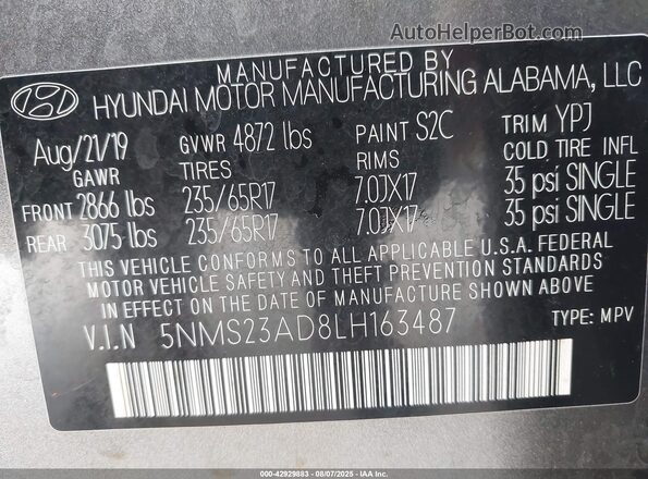 5NMS23AD8LH163487 2020 HYUNDAI SANTA FE Gray Շարժիչի բաժամունքի տեսք