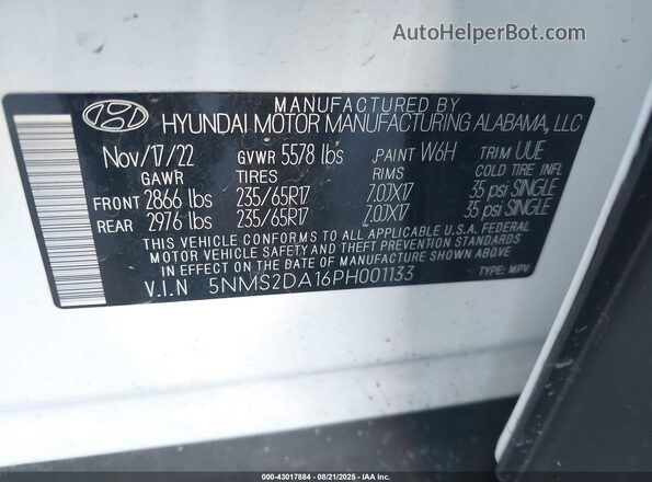 5NMS2DA16PH001133 2023 HYUNDAI SANTA FE HYBRID BLUE White Engine compartment view