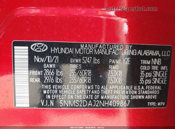 5NMS2DAJ2NH409867 2022 HYUNDAI SANTA FE Burgundy Vista del compartimento del motor