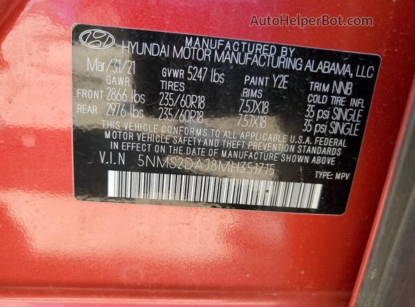 5NMS2DAJ8MH351715 2021 HYUNDAI SANTA Red VIN sticker view