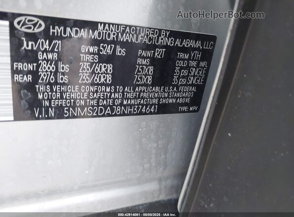 5NMS2DAJ8NH374641 2022 HYUNDAI SANTA FE Silver Vista del compartimento del motor