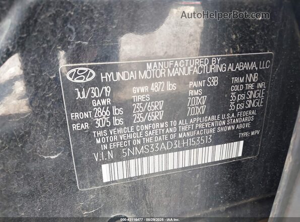 5NMS33AD3LH153513 2020 HYUNDAI SANTA FE Black Engine compartment view