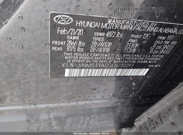 5NMS33AD3LH230297 2020 HYUNDAI SANTA FE Серый Вид подкапотного пространства