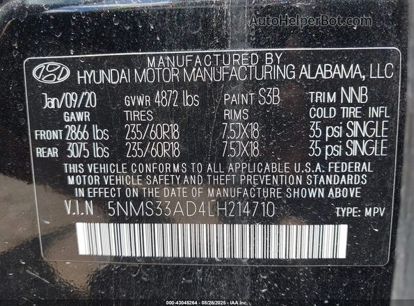 5NMS33AD4LH214710 2020 HYUNDAI SANTA FE Black Widok komory silnika