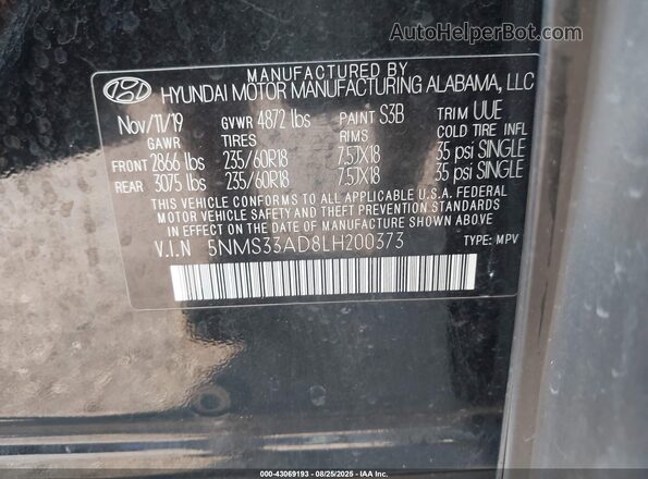 5NMS33AD8LH200373 2020 HYUNDAI SANTA FE Black Vista del compartimento del motor