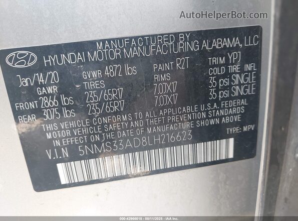5NMS33AD8LH216623 2020 HYUNDAI SANTA FE Silver Vista del compartimento del motor