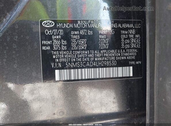 5NMS3CAD4LH298530 2020 HYUNDAI SANTA FE Gray Вид підкапотного простору