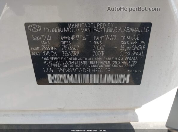 5NMS3CAD7LH278109 2020 HYUNDAI SANTA FE White Вид підкапотного простору