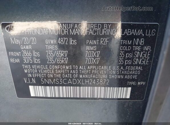 5NMS3CADXLH243872 2020 HYUNDAI SANTA FE Серый Вид подкапотного пространства