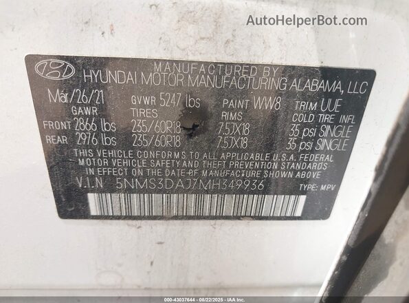 5NMS3DAJ7MH349936 2021 HYUNDAI SANTA FE White Engine compartment view