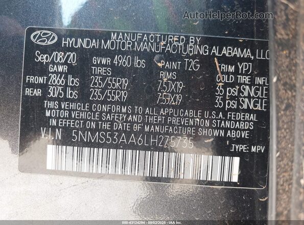 5NMS53AA6LH275735 2020 HYUNDAI SANTA FE Черный Вид подкапотного пространства