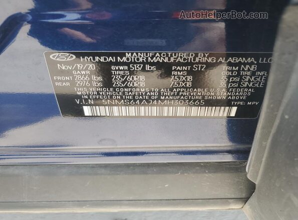 5NMS64AJ4MH303665 2021 HYUNDAI SANTA Blue Вид наклейки з VIN-кодом