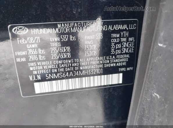 5NMS64AJ4MH332101 2021 HYUNDAI SANTA FE Black Engine compartment view