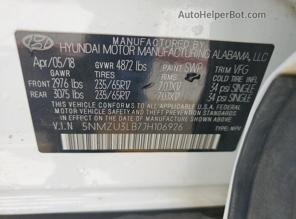 5NMZU3LB7JH106926 2018 HYUNDAI SANTA White 