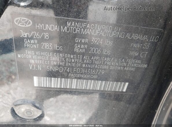 5NPD74LF0JH316779 2018 HYUNDAI ELANTRA Black 