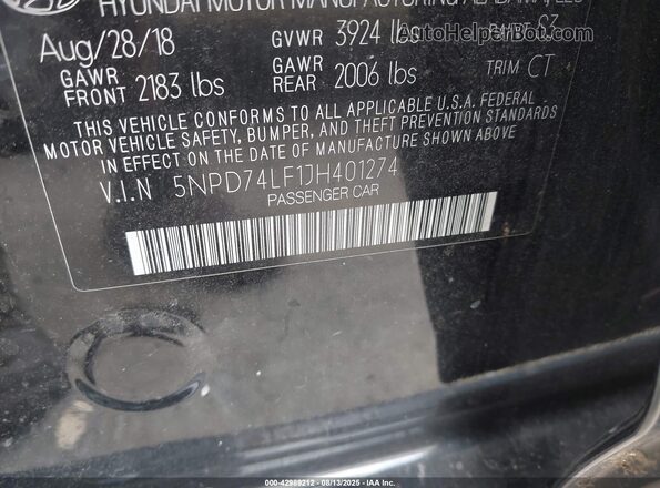 5NPD74LF1JH401274 2018 HYUNDAI ELANTRA Black 