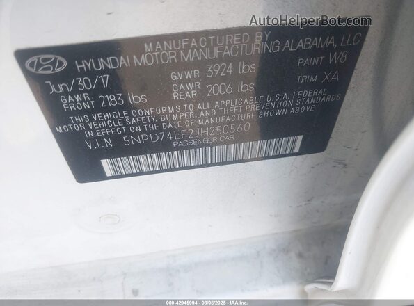 5NPD74LF2JH250560 2018 HYUNDAI ELANTRA White 