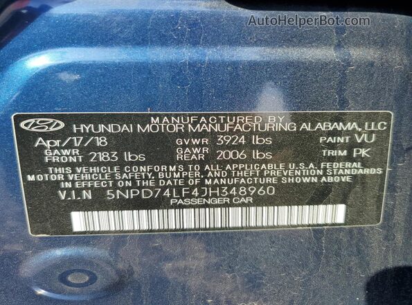 5NPD74LF4JH348960 2018 HYUNDAI ELANTRA Blue 