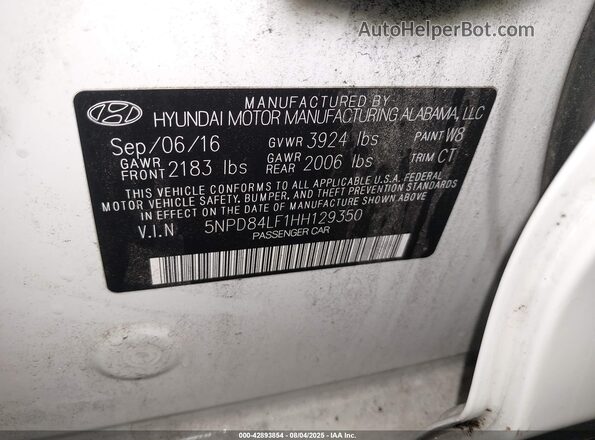 5NPD84LF1HH129350 2017 HYUNDAI ELANTRA White 