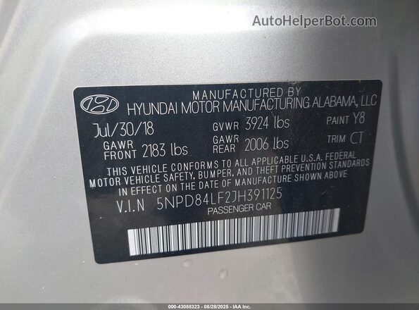 5NPD84LF2JH391125 2018 HYUNDAI ELANTRA Серебряный 