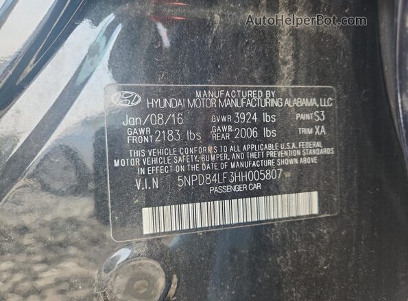 5NPD84LF3HH005807 2017 HYUNDAI ELANTRA Black VIN կոդի պիտակի տեսք