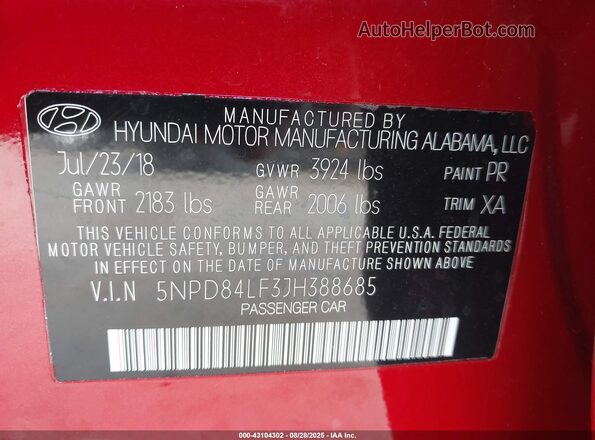 5NPD84LF3JH388685 2018 HYUNDAI ELANTRA Красный 