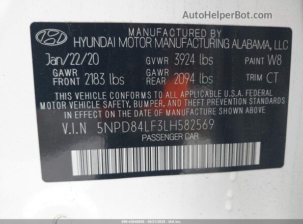 5NPD84LF3LH582569 2020 HYUNDAI ELANTRA White Вид підкапотного простору