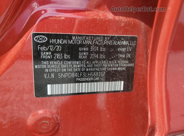 5NPD84LF3LH588257 2020 HYUNDAI ELANTRA Red Շարժիչի բաժամունքի տեսք