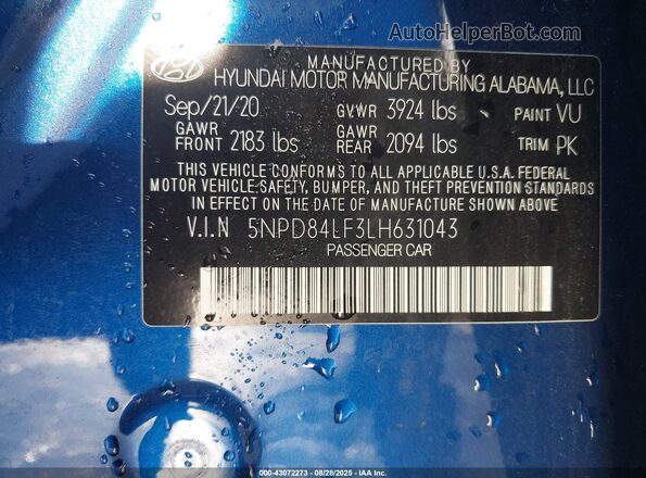 5NPD84LF3LH631043 2020 HYUNDAI ELANTRA Blue 