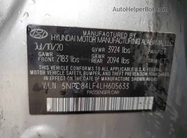 5NPD84LF4LH605633 2020 HYUNDAI ELANTRA Silver 