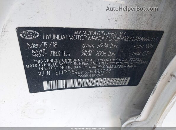 5NPD84LF5JH336944 2018 HYUNDAI ELANTRA Белый 