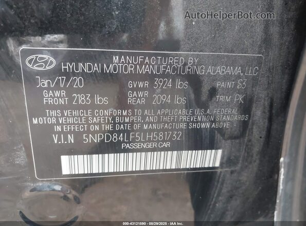5NPD84LF5LH581732 2020 HYUNDAI ELANTRA Black Engine compartment view