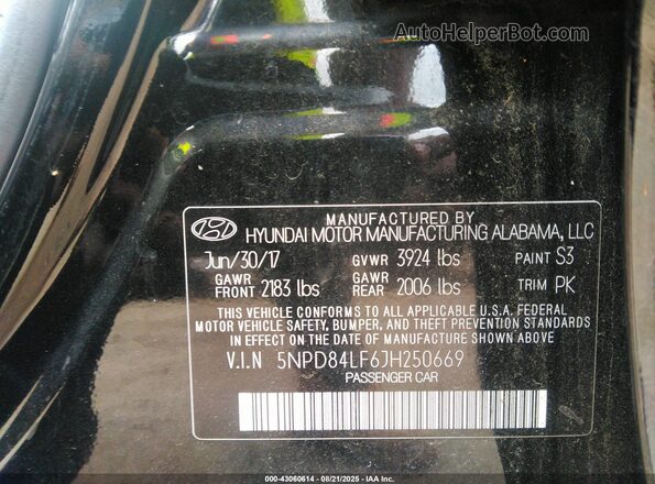 5NPD84LF6JH250669 2018 HYUNDAI ELANTRA Черный 