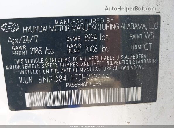 5NPD84LF7JH222444 2018 HYUNDAI ELANTRA Белый 