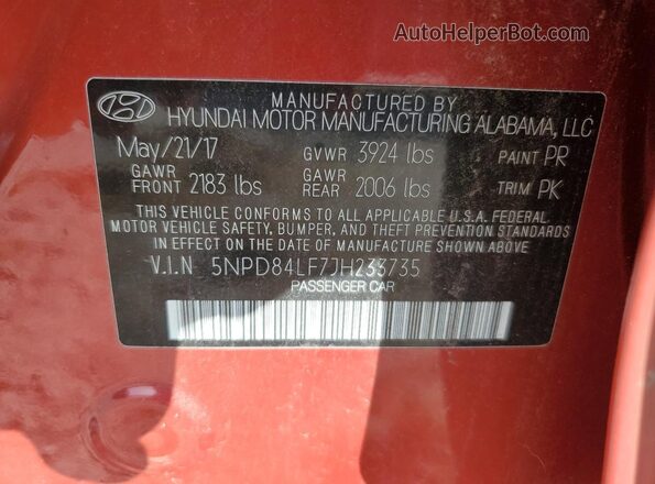 5NPD84LF7JH233735 2018 HYUNDAI ELANTRA Red 