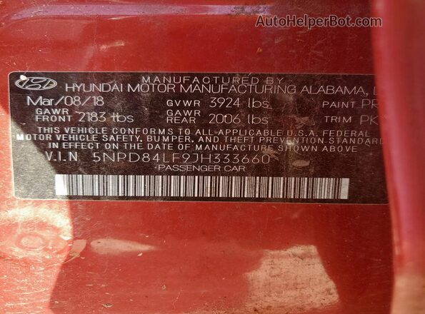 5NPD84LF9JH333660 2018 HYUNDAI ELANTRA Red 