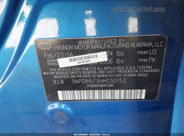 5NPD84LFXHH030753 2017 HYUNDAI ELANTRA Blue 