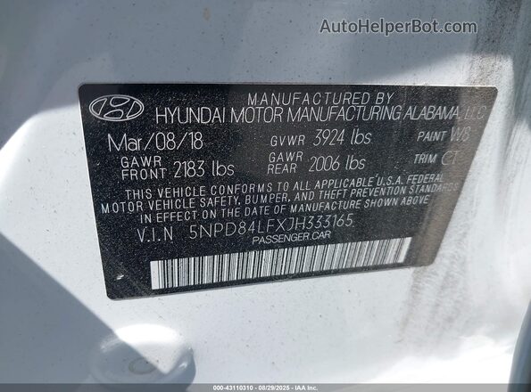 5NPD84LFXJH333165 2018 HYUNDAI ELANTRA White 