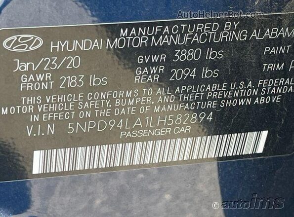 5NPD94LA1LH582894 2020 HYUNDAI ELANTRA  Вид панелі приладів